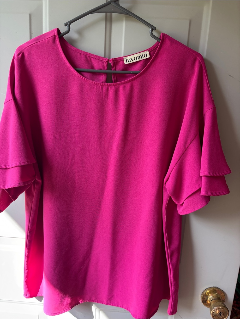 Luvamia Women's Fuchsia Layered Flutter Sleeve Blouse